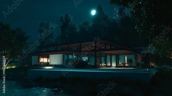 Fototapeta Waterfront property with a kitchen captured in moonlit night, showing modern architecture, detailed textures, and clean surroundings.