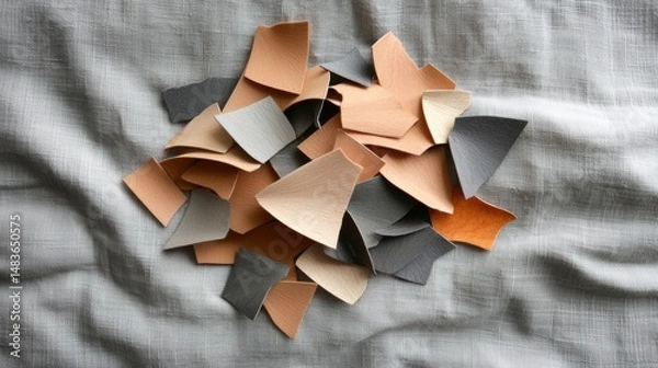 Obraz A pile of irregularly shaped pieces of leather in various shades of brown, gray, and orange.