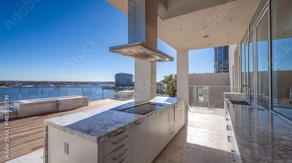 Fototapeta Waterfront property with a kitchen captured in clear blue sky, showing modern architecture, detailed textures, and clean surroundings.