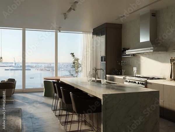 Fototapeta Waterfront property with a kitchen captured in natural daylight, showing modern architecture, detailed textures, and clean surroundings.