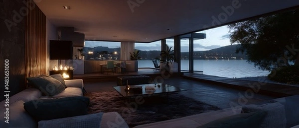 Fototapeta Waterfront property with a living room captured in soft ambient lighting, showing modern architecture, detailed textures, and clean surroundings.