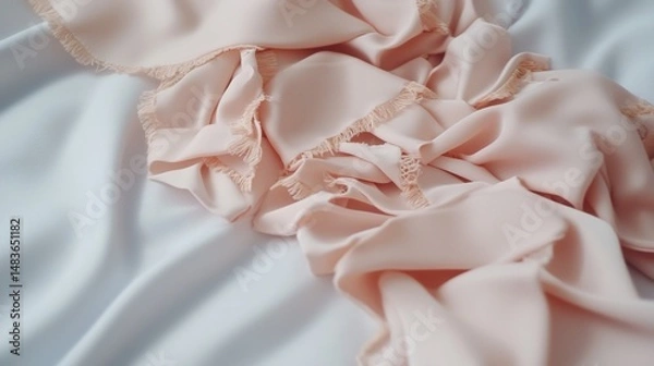 Obraz A soft pink fabric with frayed edges is spread out on a white surface.