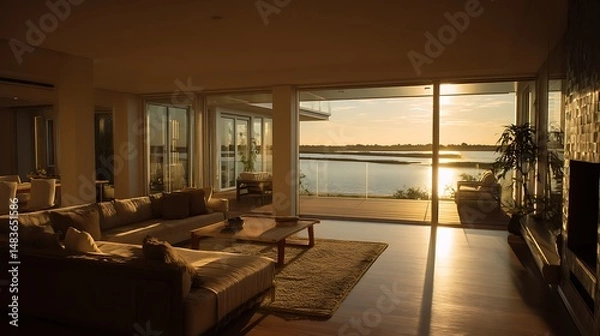Fototapeta Waterfront property with a living room captured in golden hour glow, showing modern architecture, detailed textures, and clean surroundings.