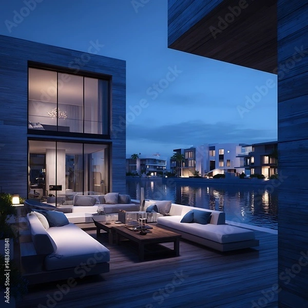 Fototapeta Waterfront property with a living room captured in twilight atmosphere, showing modern architecture, detailed textures, and clean surroundings.