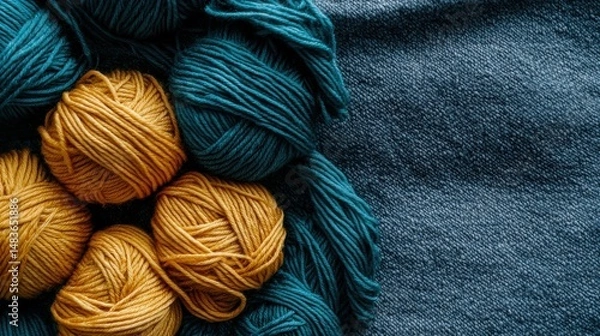 Obraz A pile of yarn in shades of blue and gold sits on a blue fabric background.