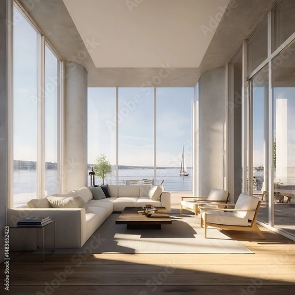 Fototapeta Waterfront property with a living room captured in sunny morning light, showing modern architecture, detailed textures, and clean surroundings.