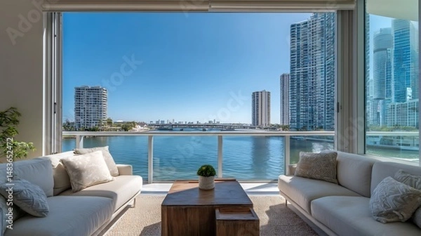 Fototapeta Waterfront property with a living room captured in clear blue sky, showing modern architecture, detailed textures, and clean surroundings.