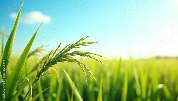 Fototapeta Green Rice Field Under Blue Sky. Generative Ai.