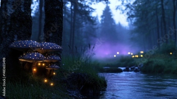Fototapeta Glowing mushrooms sit near a tranquil stream as twilight falls over a misty forest. Soft lights flicker in the background, creating a magical atmosphere in nature