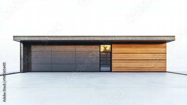 Fototapeta Modern Garage Facade: A contemporary garage with a clean, minimalist aesthetic, showcasing a fusion of textures with its wood paneling and sleek metal door, offering a glimpse into a well-designed.