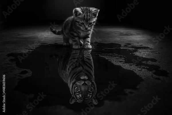 Fototapeta Conceptual black-and-white image of a kitten seeing its reflection as a fierce tiger in a water puddle, symbolizing self-confidence, ambition, potential, and inner strength.