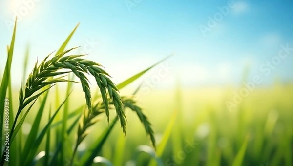 Fototapeta Green Rice Field Under Blue Sky. Generative Ai.