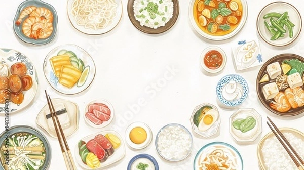 Fototapeta Diverse Asian cuisine dishes arranged on a white background