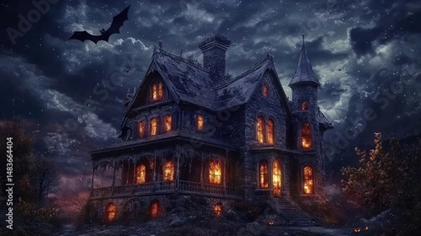 Fototapeta Large Victorian-style house on hill with glowing windows, surrounded by fog and bare trees. Flock of bats flies across cloudy yellow sky. Generative by AI
