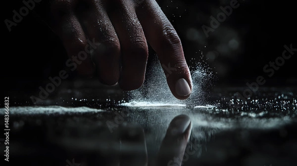Obraz The Line: A hand delicately touches a white substance on a dark surface, a striking image of addiction's grip.