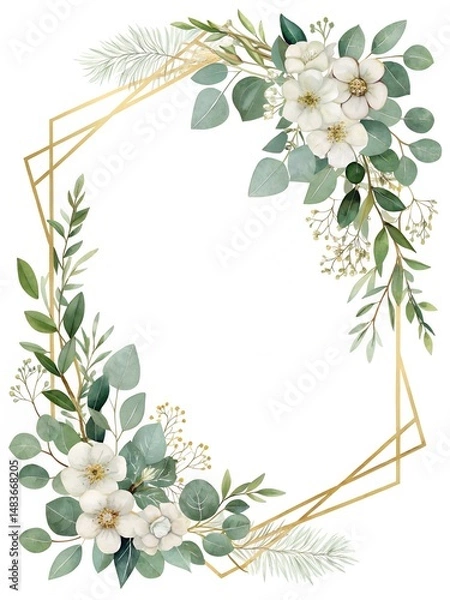 Fototapeta Eucalyptus watercolor  half of floral frame background vector with a golden border on a white background, Eucalyptus watercolor decoration for a wedding invitation and card design template