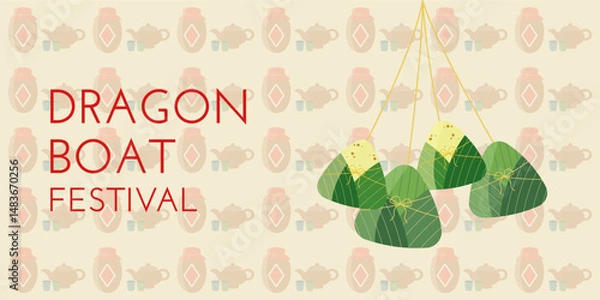 Obraz Dragon Boat Festival background with zongzi, rice, teapot, cups, realgar wine and pattern light green color. Vector illustration for Duanwu Festival