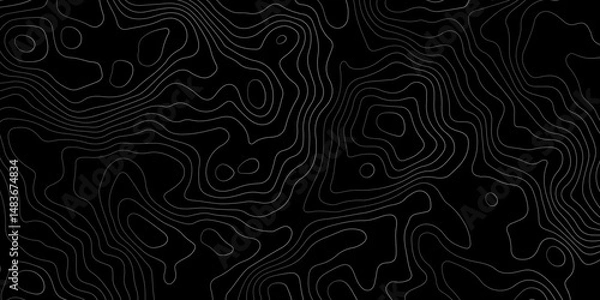 Fototapeta Black background topography contour map with black curve lines. luxury topographic wavy pattern and geographic grid map patterns, topography line map. Vintage outdoors style