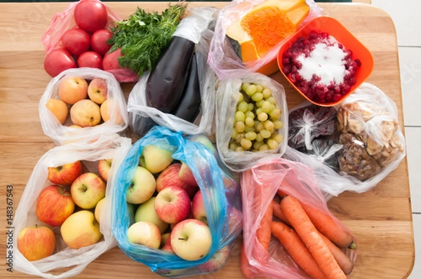 Obraz Fruit and vegetables on wooden table