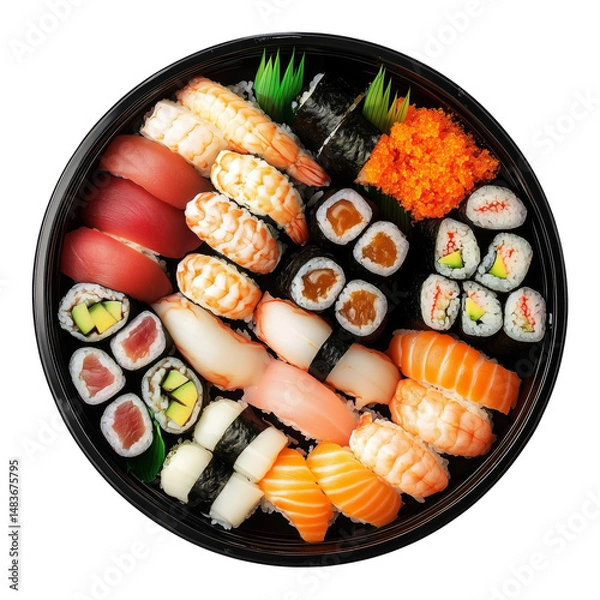Fototapeta Assorted sushi set including nigiri, maki, and rolls arranged in a wooden bento box isolated on white transparent background, showcasing Japanese cuisine variety