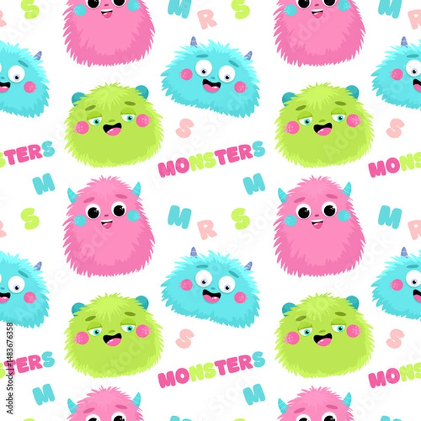 Obraz Seamless pattern with cute fluffy monsters, children's print.