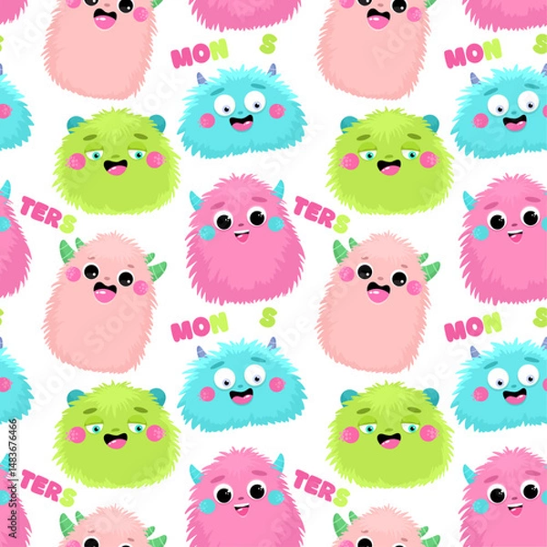 Obraz Seamless pattern with cute fluffy monsters, children's print.