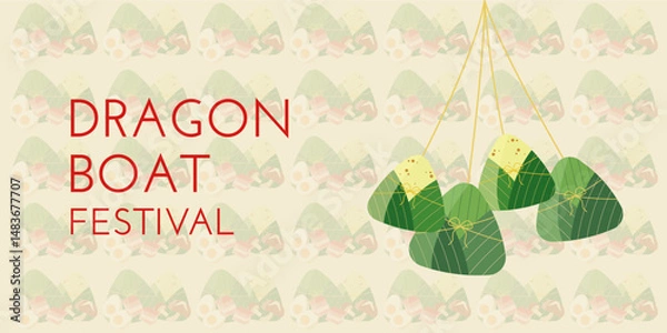 Obraz Dragon Boat Festival background with zongzi, rice, pork, eggs, shiitak mushrooms and pattern light green color. Vector illustration for Duanwu Festival
