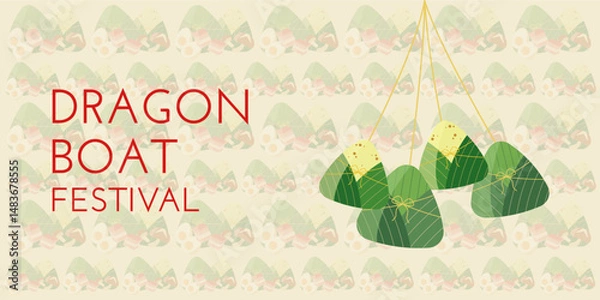 Fototapeta Dragon Boat Festival background with zongzi, rice, pork, eggs, shiitak mushrooms and pattern light green color. Vector illustration for Duanwu Festival