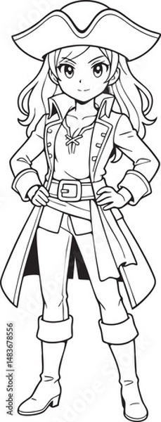 Fototapeta pirate girl in manga style with hat and coat holding weapon in line art design for coloring books

