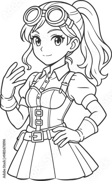 Fototapeta steampunk anime girl with mechanical goggles and corset outfit line art drawing for coloring books

