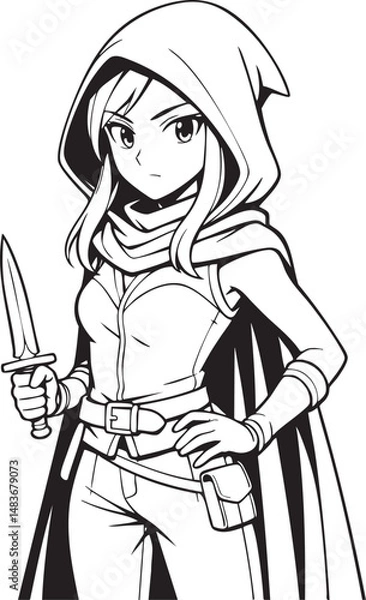Fototapeta female assassin in hood with dagger manga style fantasy stealth character line art illustration


