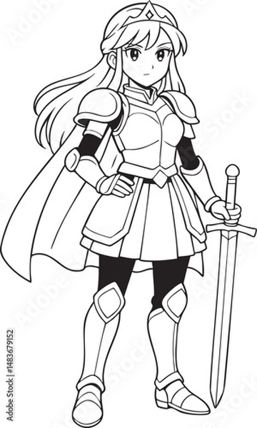Fototapeta fantasy manga style female warrior with sword and cape standing in battle pose line art for coloring books