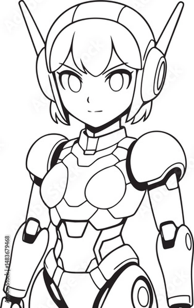 Fototapeta robotic anime girl with mechanical armor and short hair, manga style line art vector black and white  for coloring book 