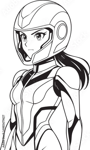 Fototapeta motorcycle girl with helmet and racing suit in manga style, black and white line art vector for coloring book

