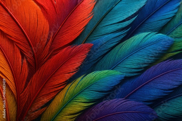 Fototapeta Colorful feathers cascading down a dancer's flowing costume.