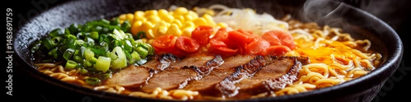 Fototapeta A steaming bowl of ramen topped with sliced meat, corn, green onions, and tomatoes is displayed. Concept of savory and appetizing food. For menu photo.