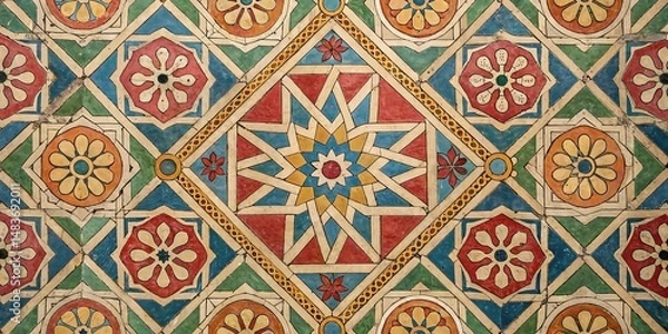 Fototapeta Intricate Colorful Geometric Tile Pattern with Floral Motifs and Starburst Designs