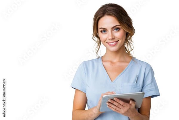 Fototapeta Smiling doctor holding tablet isolated on transparent background for medical concepts