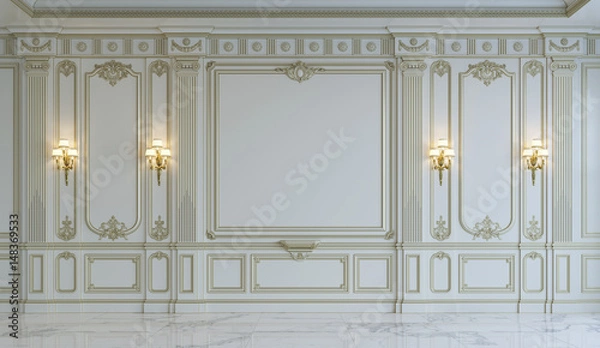 Obraz White wall panels in classical style with gilding. 3d rendering