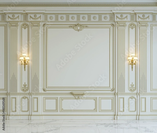 Obraz White wall panels in classical style with gilding. 3d rendering