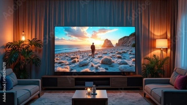 Fototapeta Cozy living room with large screen tv displaying beach scene at sunset
