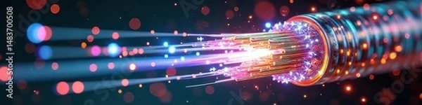 Fototapeta Vibrant fiber optic cables with colorful light beams and bokeh