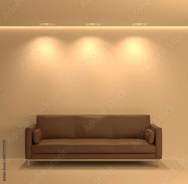 Fototapeta Warm Ambient Lighting on Leather Sofa in Living Room Scene in 3D render

