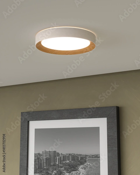 Fototapeta Circular Flush Mount Ceiling Light with Wood Detail in 3D render
