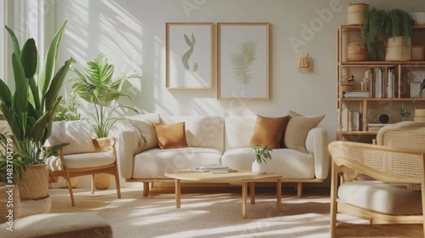 Fototapeta Creating a cozy scandinavian-inspired living room in neutral tones residential space interior design inviting atmosphere aesthetic concept
