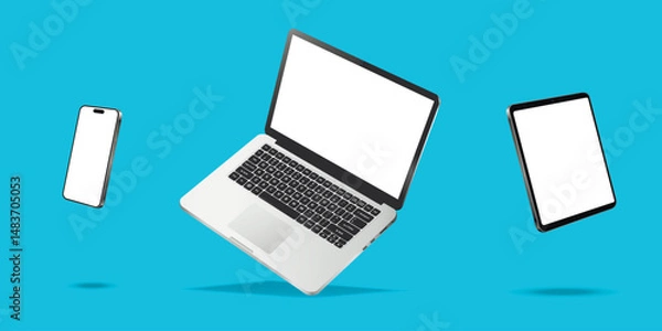 Obraz Flying laptop, cellphone and tablet pc white screen mockup