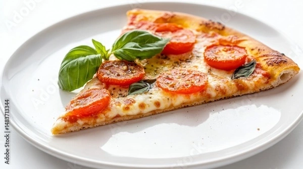 Fototapeta Savoring fresh basil and tomato pizza slice in a cozy setting with gourmet flair