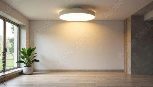 Fototapeta Modern minimalist ceiling light fixture illuminating a bright, airy room , space, overhead light
