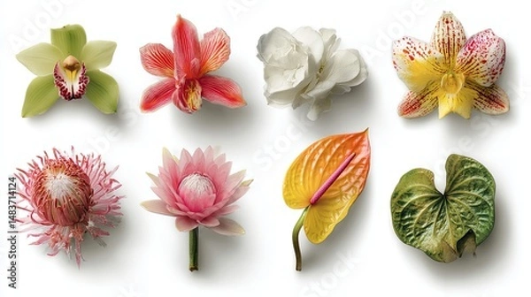Fototapeta Colorful Flowers on White Background - Botanical Beauty