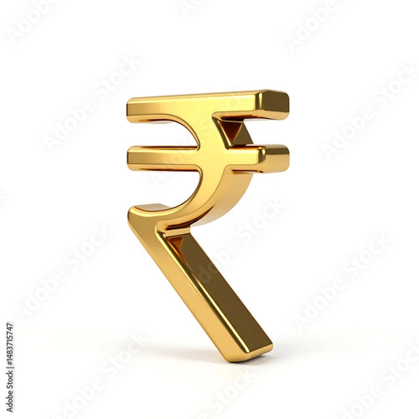 Fototapeta 3D Golden Rupee Symbol ,  Indian Currency Sign, A 3D rendering of the Indian Rupee symbol, ₹, made of shiny gold, isolated on a white background.  Perfect for finance and  investment
